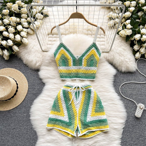 Summer New V Neck Strap Top+ Wide Legs Shorts Two Piece Sets CODE: KAR1538