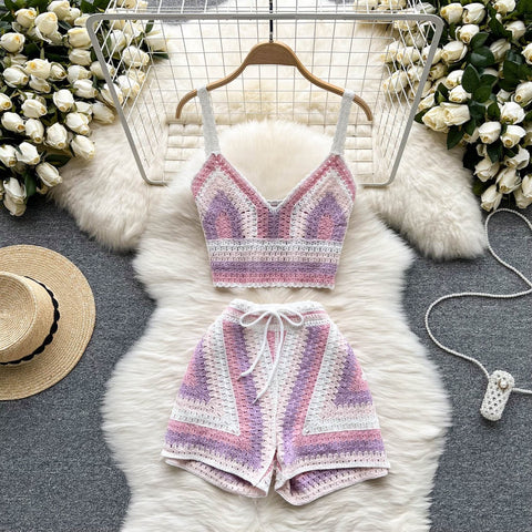 Summer New V Neck Strap Top+ Wide Legs Shorts Two Piece Sets CODE: KAR1538