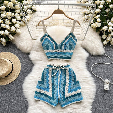 Summer New V Neck Strap Top+ Wide Legs Shorts Two Piece Sets CODE: KAR1538