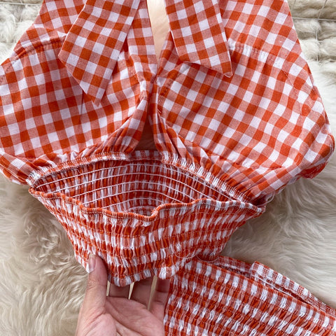 New Elastic Waist Backless Halter Elegant Sexy Plaid Two Piece Set CODE: KAR1540