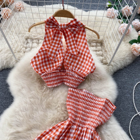 New Elastic Waist Backless Halter Elegant Sexy Plaid Two Piece Set CODE: KAR1540