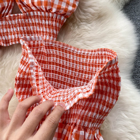 New Elastic Waist Backless Halter Elegant Sexy Plaid Two Piece Set CODE: KAR1540
