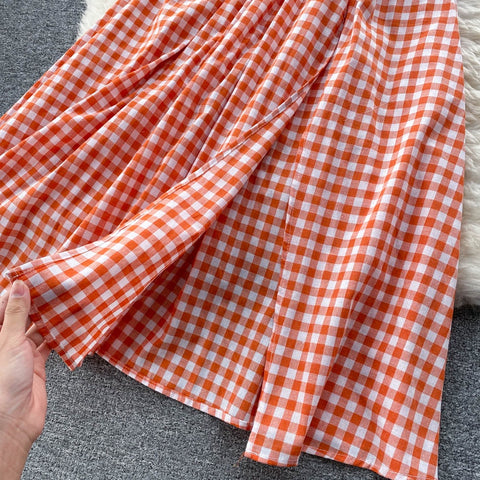 New Elastic Waist Backless Halter Elegant Sexy Plaid Two Piece Set CODE: KAR1540