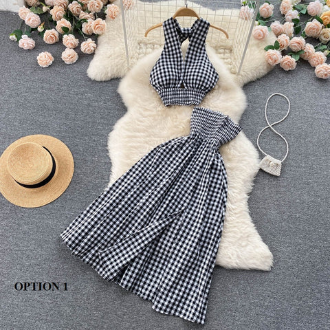 New Elastic Waist Backless Halter Elegant Sexy Plaid Two Piece Set CODE: KAR1540