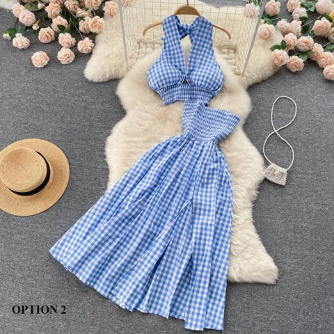 New Elastic Waist Backless Halter Elegant Sexy Plaid Two Piece Set CODE: KAR1540