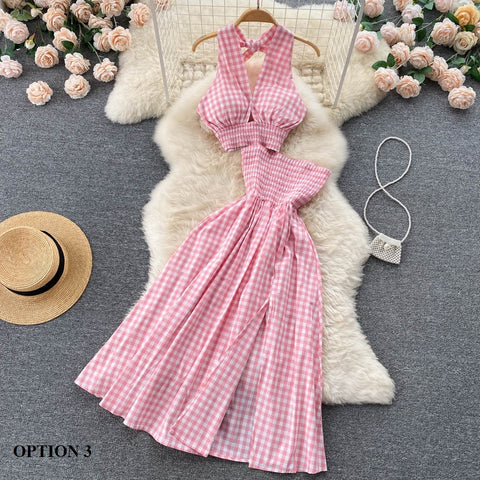 New Elastic Waist Backless Halter Elegant Sexy Plaid Two Piece Set CODE: KAR1540