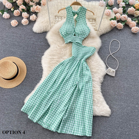 New Elastic Waist Backless Halter Elegant Sexy Plaid Two Piece Set CODE: KAR1540