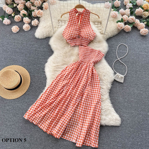 New Elastic Waist Backless Halter Elegant Sexy Plaid Two Piece Set CODE: KAR1540