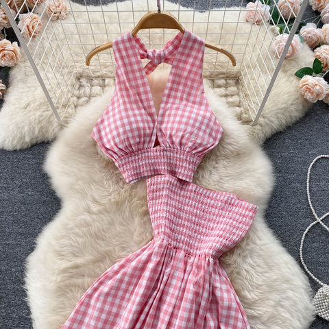 New Elastic Waist Backless Halter Elegant Sexy Plaid Two Piece Set CODE: KAR1540