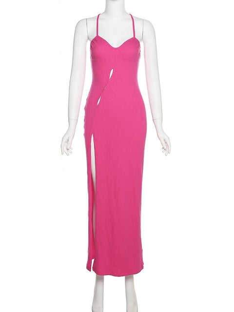 Sexy Hollow Out Solid Slim Stretch Knit Strap Split Long Dress CODE: KAR1541