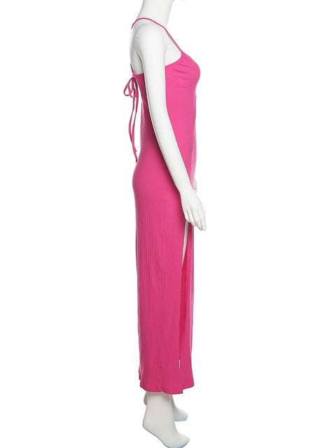 Sexy Hollow Out Solid Slim Stretch Knit Strap Split Long Dress CODE: KAR1541