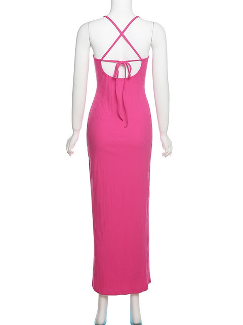 Sexy Hollow Out Solid Slim Stretch Knit Strap Split Long Dress CODE: KAR1541