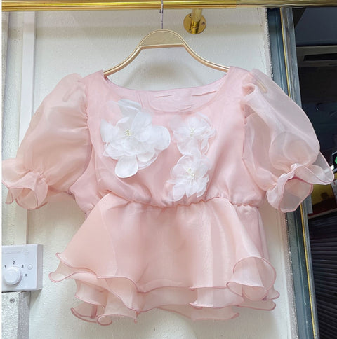 Summer Flower Ruffled Short Sleeve Shirt CODE: KAR1543