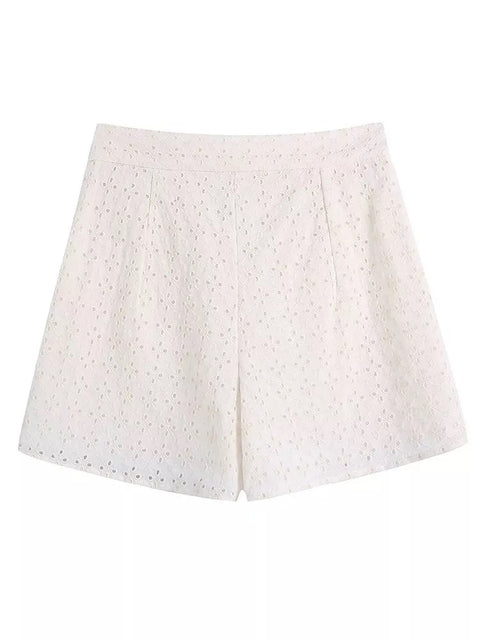 Summer Fashion Hollow Out Embroidery Blouse Shorts Suit Two Piece Set CODE: KAR1546