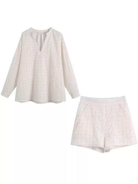 Summer Fashion Hollow Out Embroidery Blouse Shorts Suit Two Piece Set CODE: KAR1546