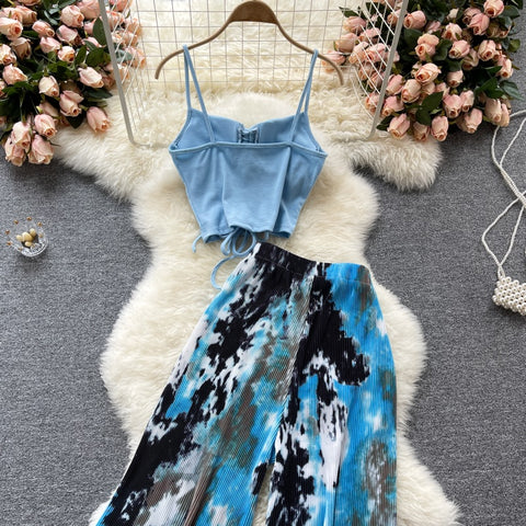 New Style Sling Tank Top | Tie-dye wide leg trendy flared pant Two Piece Set CODE: KAR1549