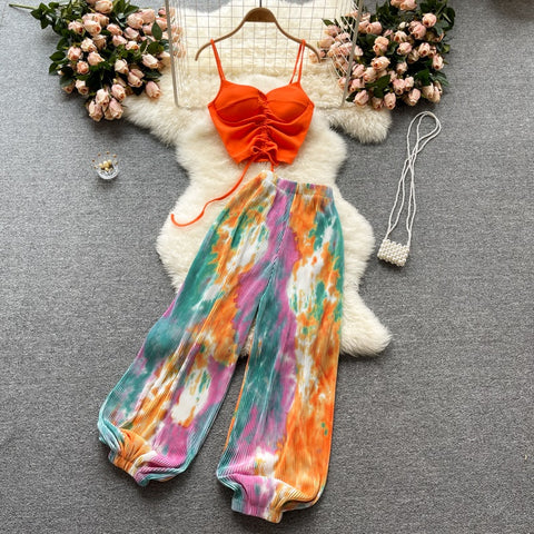 New Style Sling Tank Top | Tie-dye wide leg trendy flared pant Two Piece Set CODE: KAR1549