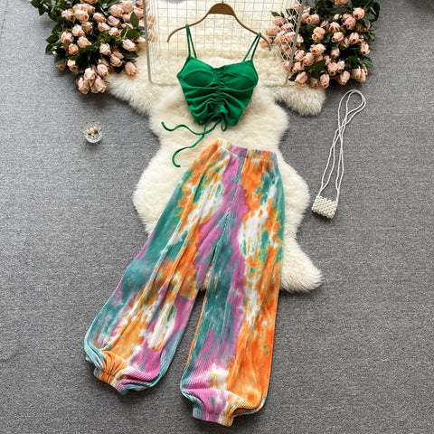 New Style Sling Tank Top | Tie-dye wide leg trendy flared pant Two Piece Set CODE: KAR1549