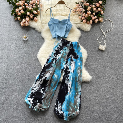 New Style Sling Tank Top | Tie-dye wide leg trendy flared pant Two Piece Set CODE: KAR1549