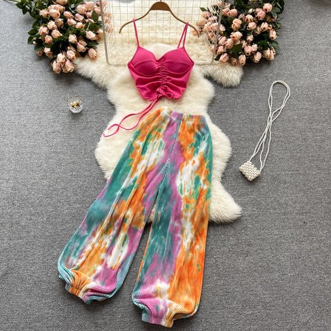 New Style Sling Tank Top | Tie-dye wide leg trendy flared pant Two Piece Set CODE: KAR1549