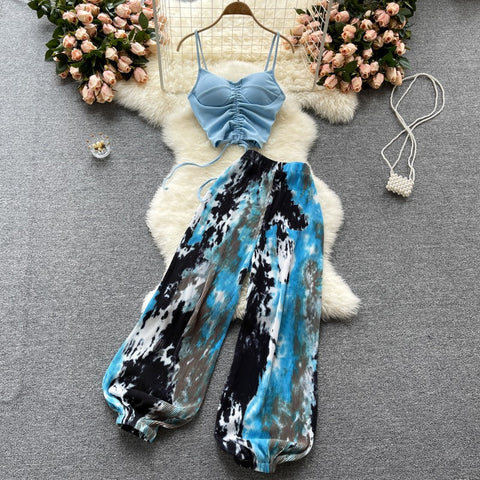 New Style Sling Tank Top | Tie-dye wide leg trendy flared pant Two Piece Set CODE: KAR1549