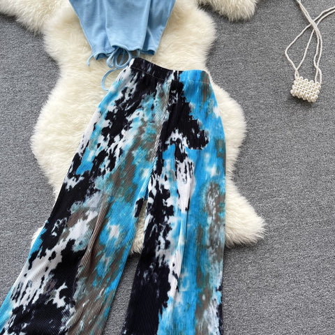New Style Sling Tank Top | Tie-dye wide leg trendy flared pant Two Piece Set CODE: KAR1549