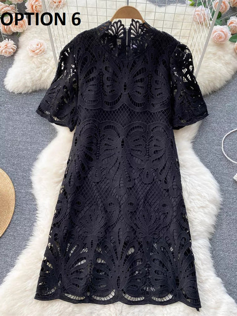 High Quality Solid Lace Hollow Out Casual Short Sleeve Mandarin Collar Straight Dress CODE: KAR1551
