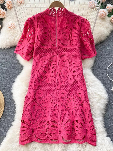 High Quality Solid Lace Hollow Out Casual Short Sleeve Mandarin Collar Straight Dress CODE: KAR1551