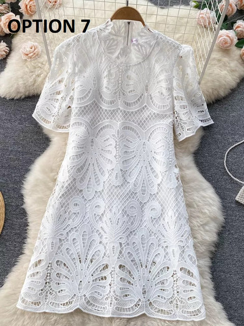 High Quality Solid Lace Hollow Out Casual Short Sleeve Mandarin Collar Straight Dress CODE: KAR1551