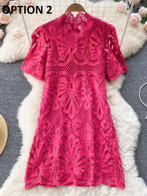 High Quality Solid Lace Hollow Out Casual Short Sleeve Mandarin Collar Straight Dress CODE: KAR1551