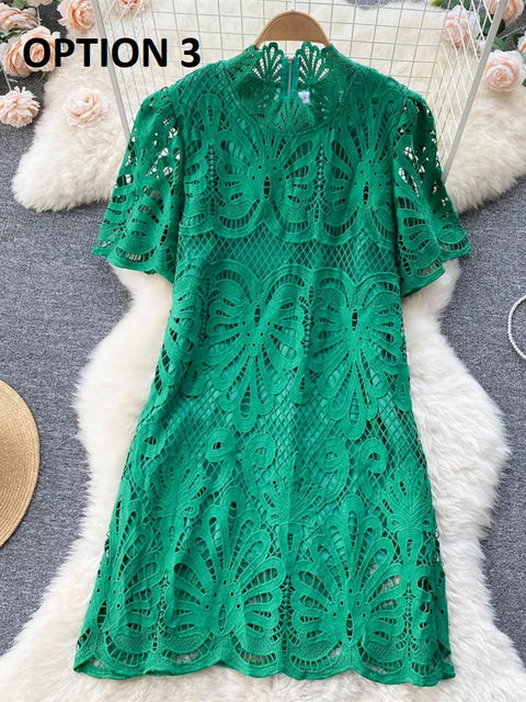 High Quality Solid Lace Hollow Out Casual Short Sleeve Mandarin Collar Straight Dress CODE: KAR1551