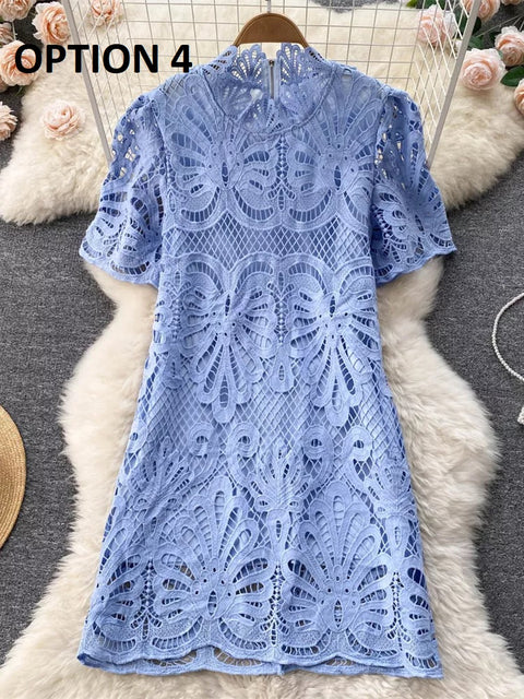 High Quality Solid Lace Hollow Out Casual Short Sleeve Mandarin Collar Straight Dress CODE: KAR1551