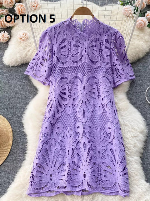 High Quality Solid Lace Hollow Out Casual Short Sleeve Mandarin Collar Straight Dress CODE: KAR1551