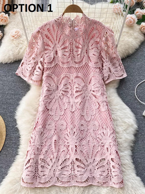High Quality Solid Lace Hollow Out Casual Short Sleeve Mandarin Collar Straight Dress CODE: KAR1551