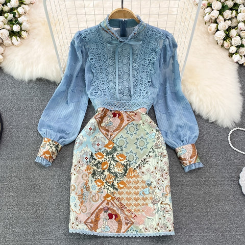Summer Fashion Long Sleeve Lace Patchwork Slim Print High Waist Dress CODE: KAR1552