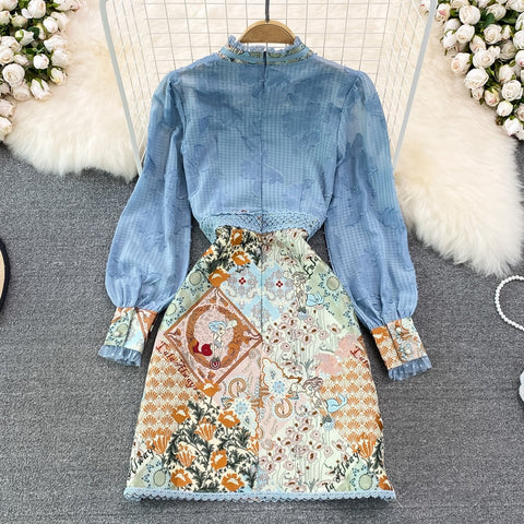 Summer Fashion Long Sleeve Lace Patchwork Slim Print High Waist Dress CODE: KAR1552