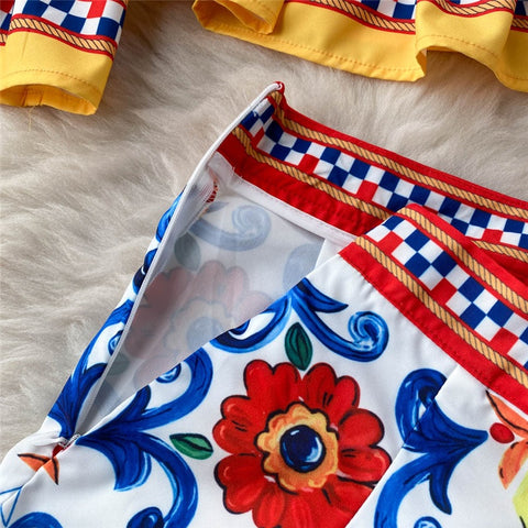 Summer Court Flare Long Sleeve Bow Printed Top + Shorts High Waist 2 Piece Set CODE: KAR1553