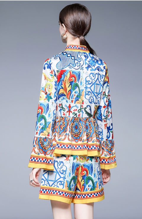 Summer Court Flare Long Sleeve Bow Printed Top + Shorts High Waist 2 Piece Set CODE: KAR1553