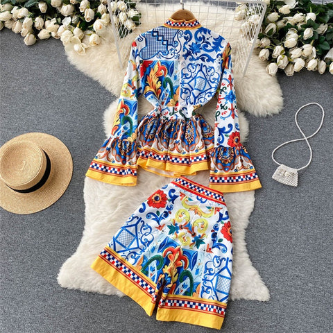 Summer Court Flare Long Sleeve Bow Printed Top + Shorts High Waist 2 Piece Set CODE: KAR1553