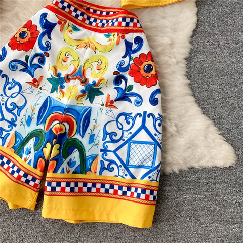 Summer Court Flare Long Sleeve Bow Printed Top + Shorts High Waist 2 Piece Set CODE: KAR1553
