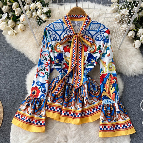 Summer Court Flare Long Sleeve Bow Printed Top + Shorts High Waist 2 Piece Set CODE: KAR1553
