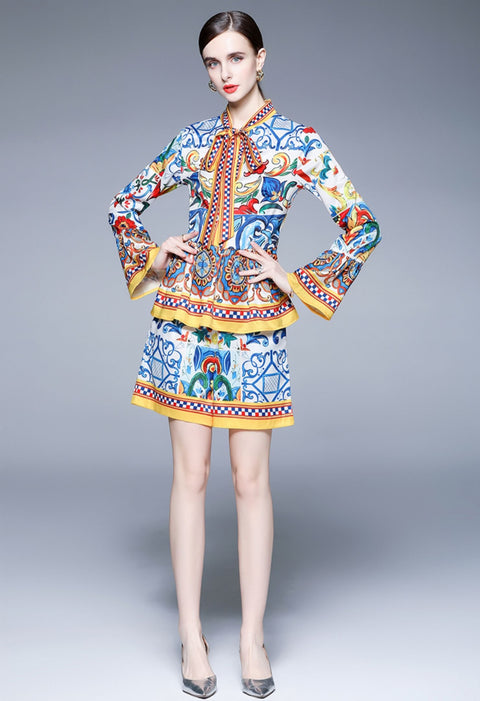 Summer Court Flare Long Sleeve Bow Printed Top + Shorts High Waist 2 Piece Set CODE: KAR1553
