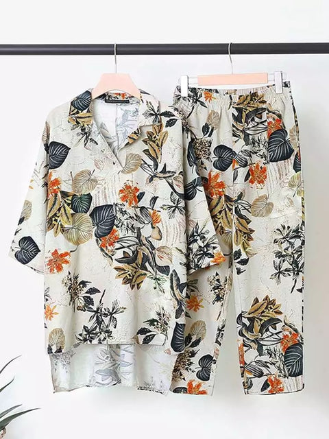 Summer Floral Printed Bohemian Long Sleeve O-Neck High Low Blouse Set CODE: KAR1555