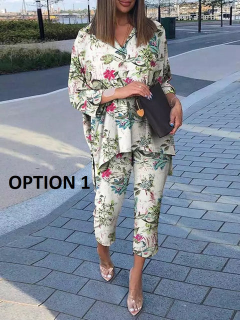 Summer Floral Printed Bohemian Long Sleeve O-Neck High Low Blouse Set CODE: KAR1555