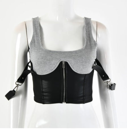 New patchwork with zipper Crop Tank Top CODE: KAR1563