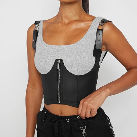 New patchwork with zipper Crop Tank Top CODE: KAR1563