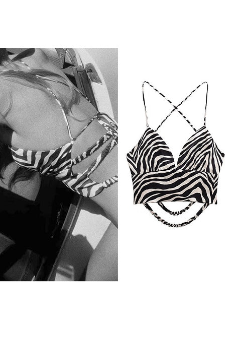 Summer Fashion Zebra Print  Sexy Sleeveless V Neck Backless Cross Lacing Short Top CODE: KAR1565