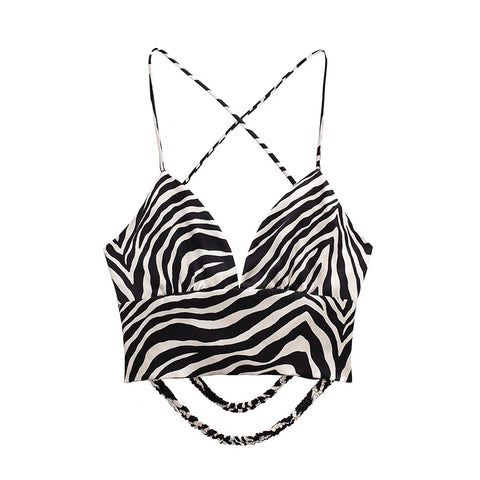 Summer Fashion Zebra Print  Sexy Sleeveless V Neck Backless Cross Lacing Short Top CODE: KAR1565