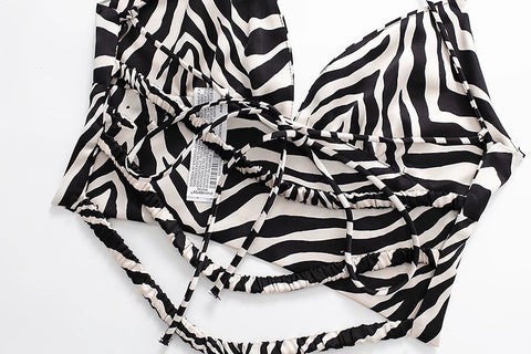 Summer Fashion Zebra Print  Sexy Sleeveless V Neck Backless Cross Lacing Short Top CODE: KAR1565