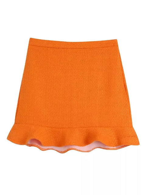 New Fashion Front Buttons Tweed Cropped Waist Sleeveless Coat High Waist Ruffled Mini Skirt Two Piece Set CODE: KAR1566